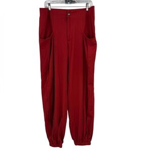 Red High-Waist Pleated Balloon Pants XL | Wide Pocket Tapered Cuff Trousers